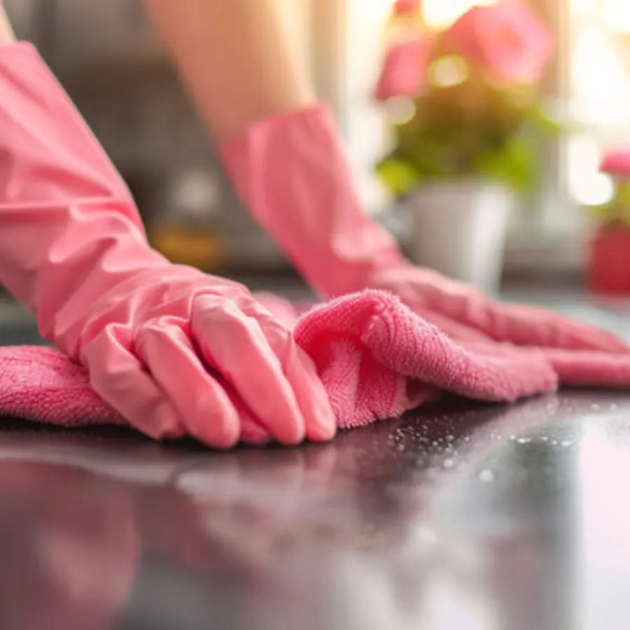 Pink gloved hands wiping a dark kitchen countertop with a pink microfiber cloth
